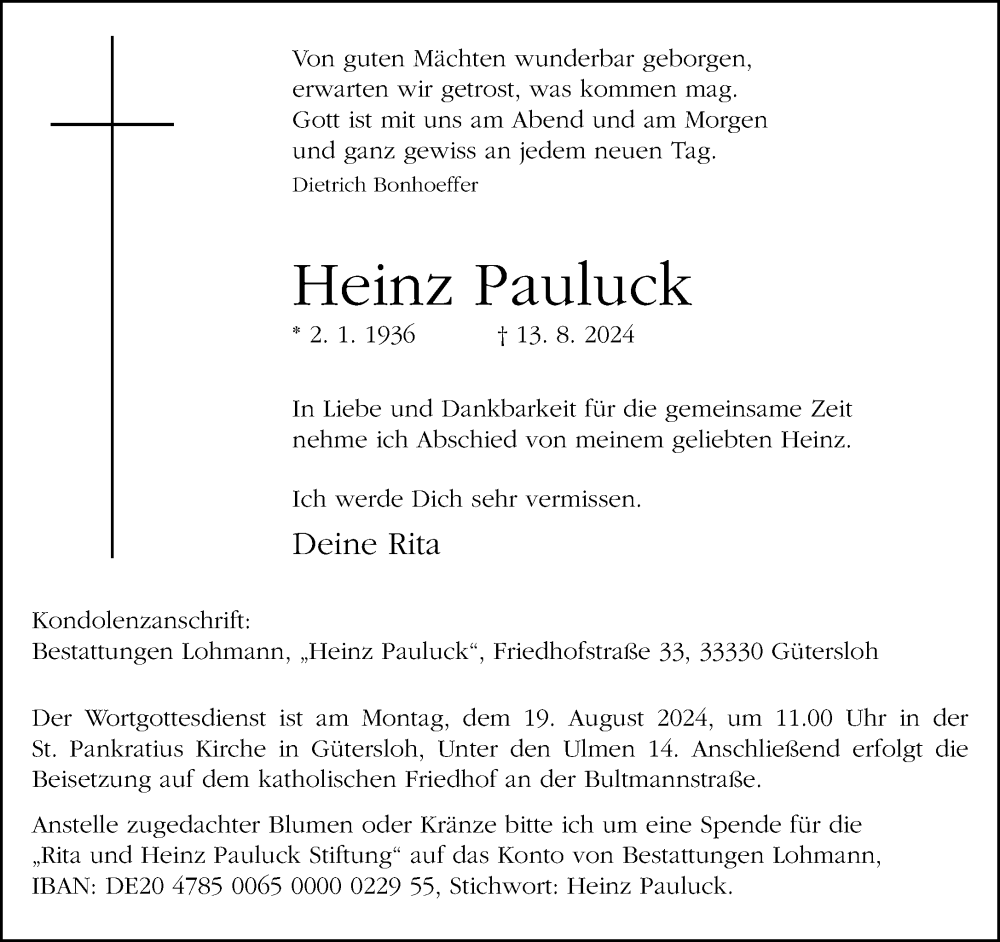  Traueranzeige für Heinz Pauluck vom 17.08.2024 aus Neue Westfälische