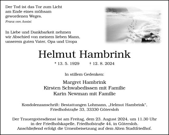 Traueranzeige von Helmut Hambrink von Neue Westfälische