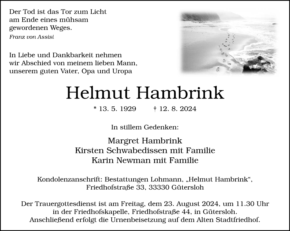 Traueranzeige für Helmut Hambrink vom 17.08.2024 aus Neue Westfälische