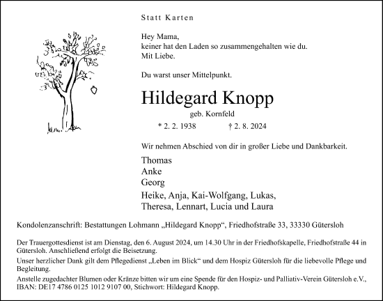 Traueranzeige von Hildegard Knopp von Neue Westfälische
