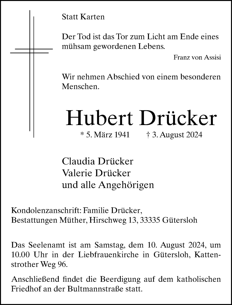  Traueranzeige für Hubert Drücker vom 07.08.2024 aus Neue Westfälische