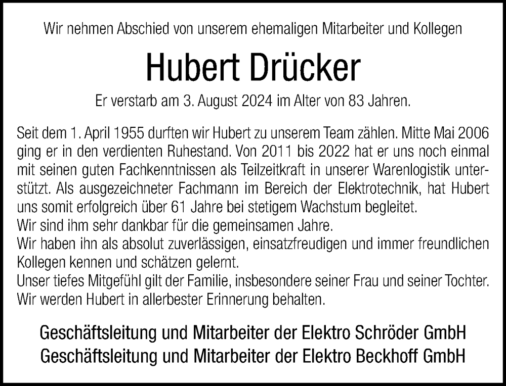  Traueranzeige für Hubert Drücker vom 10.08.2024 aus Neue Westfälische