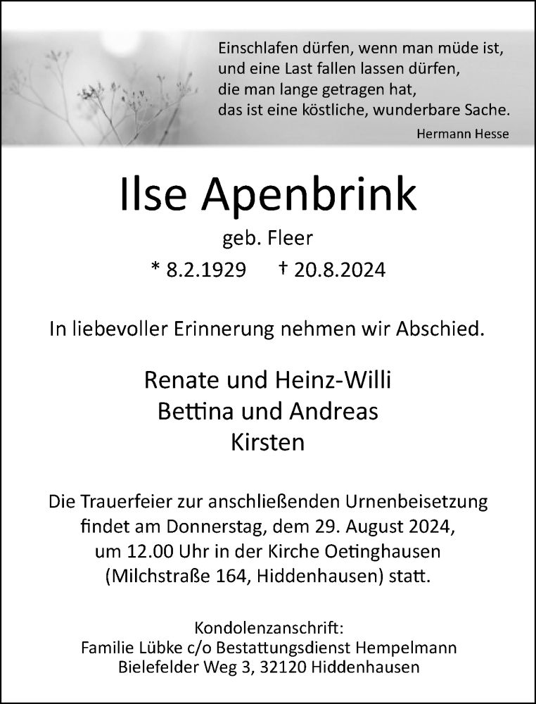  Traueranzeige für Ilse Apenbrink vom 24.08.2024 aus Neue Westfälische