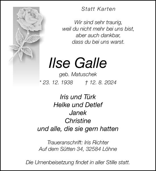 Traueranzeige von Ilse Galle von Neue Westfälische