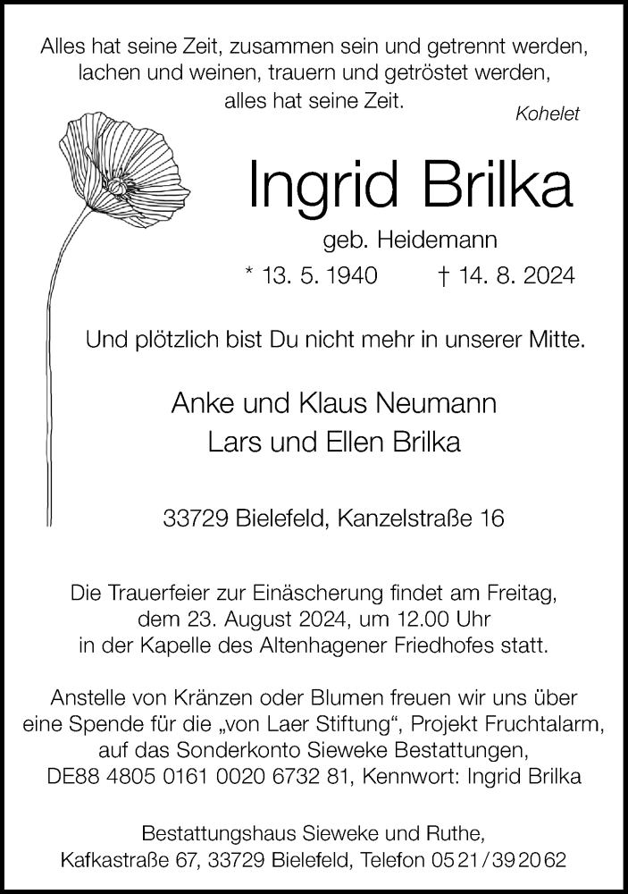  Traueranzeige für Ingrid Brilka vom 17.08.2024 aus Neue Westfälische