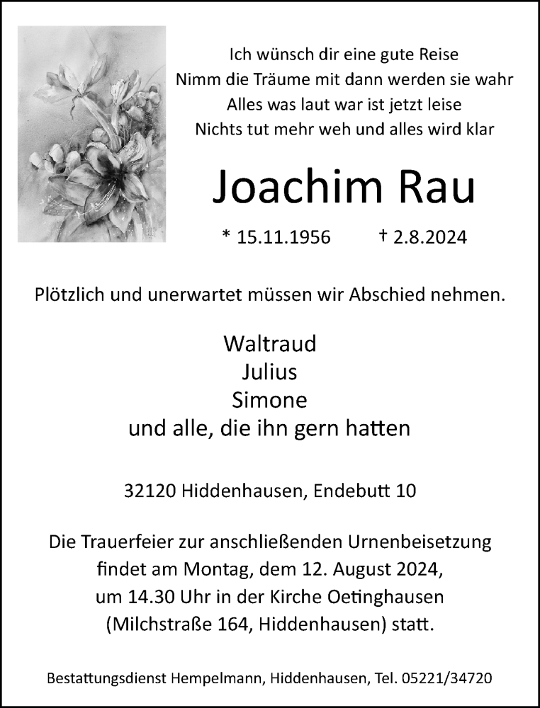  Traueranzeige für Joachim Rau vom 07.08.2024 aus Neue Westfälische