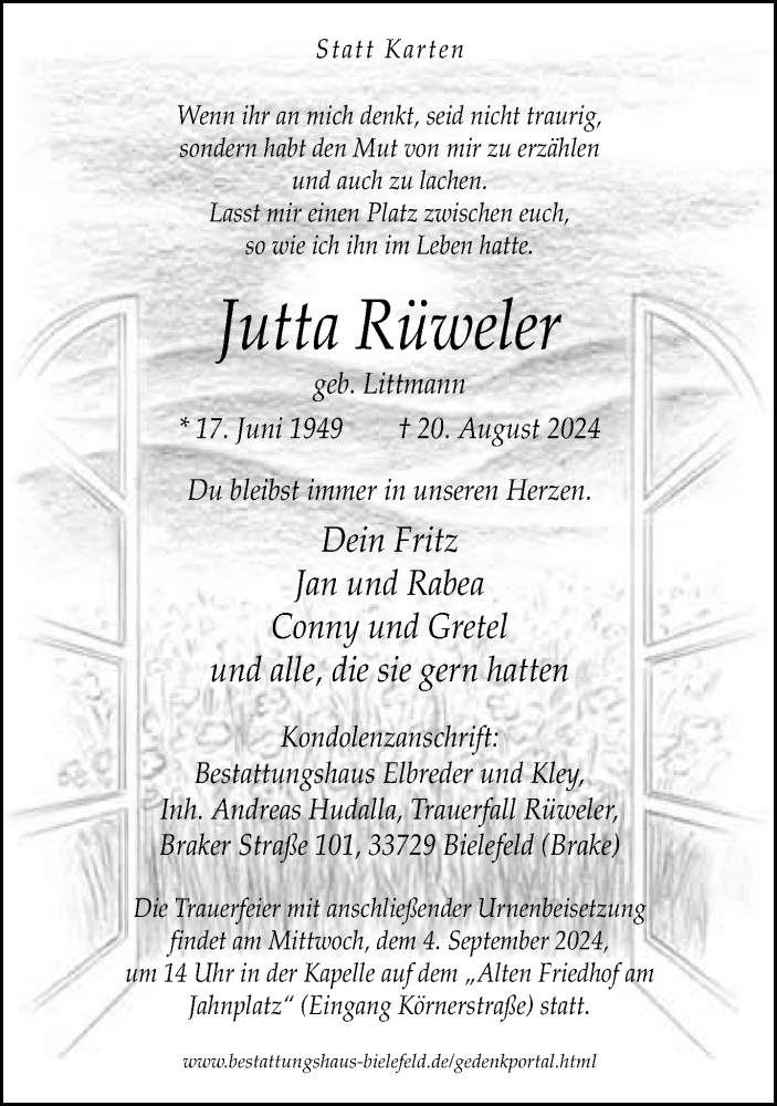  Traueranzeige für Jutta Rüweler vom 24.08.2024 aus Neue Westfälische