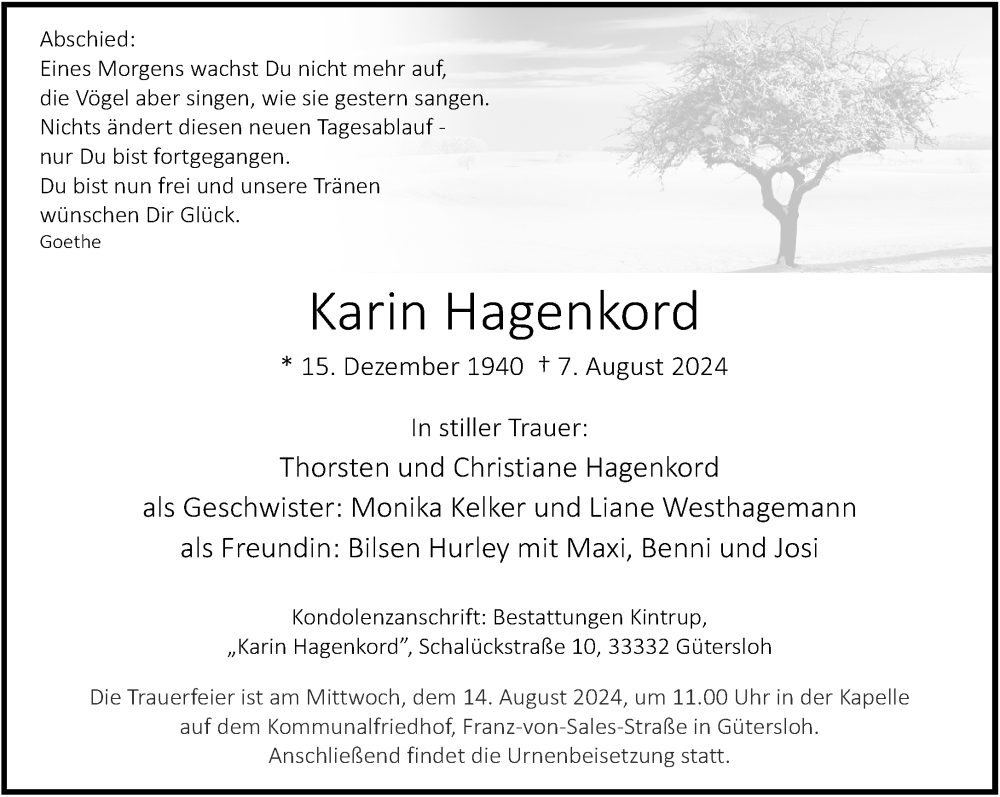  Traueranzeige für Karin Hagenkord vom 10.08.2024 aus Neue Westfälische
