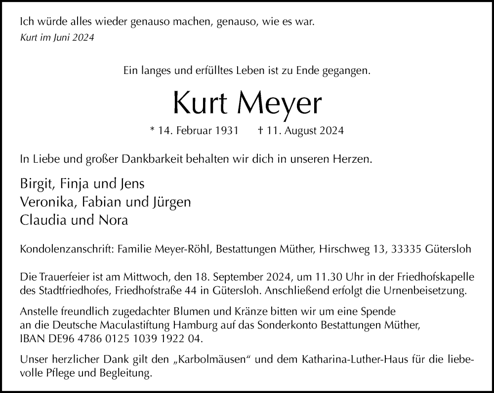  Traueranzeige für Kurt Meyer vom 17.08.2024 aus Neue Westfälische