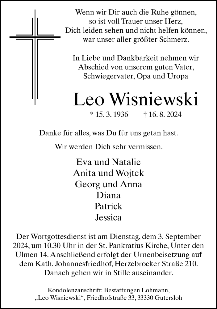  Traueranzeige für Leo Wisniewski vom 28.08.2024 aus Neue Westfälische