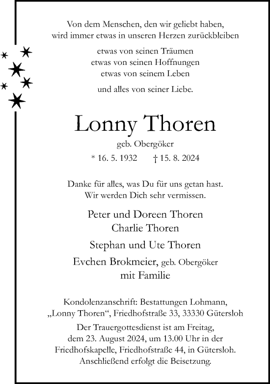Traueranzeige von Lonny Thoren von Neue Westfälische