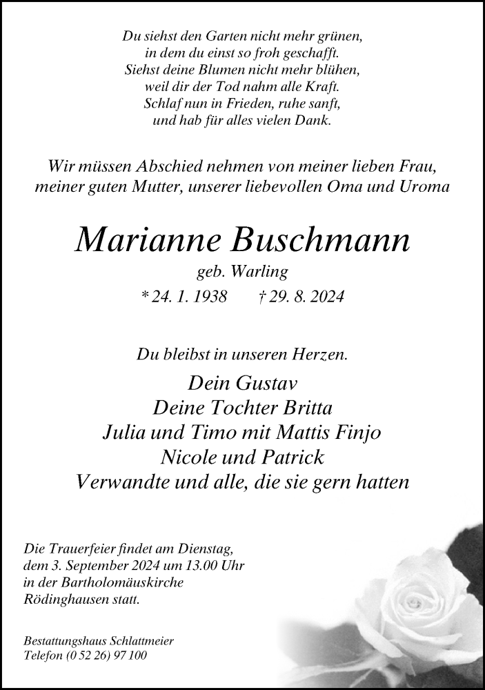  Traueranzeige für Marianne Buschmann vom 31.08.2024 aus Neue Westfälische