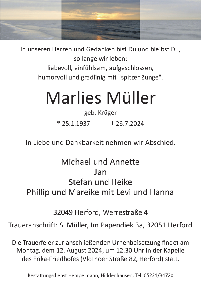  Traueranzeige für Marlies Müller vom 03.08.2024 aus Neue Westfälische