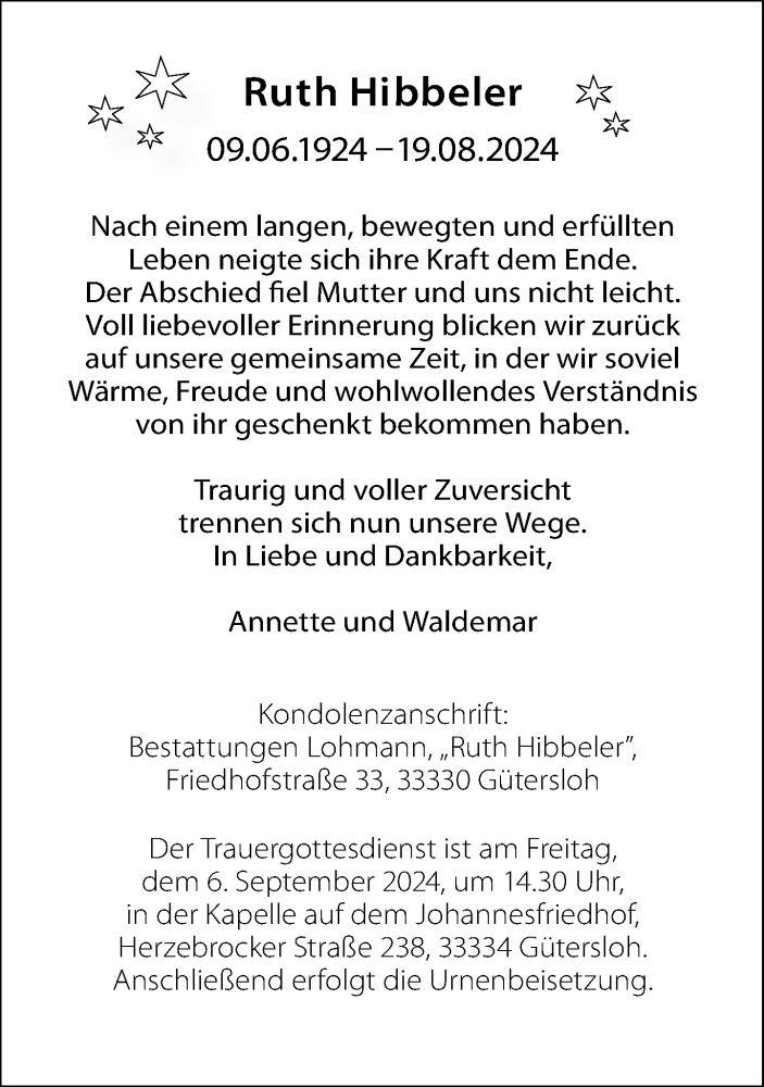  Traueranzeige für Ruth Hibbeler vom 31.08.2024 aus Neue Westfälische