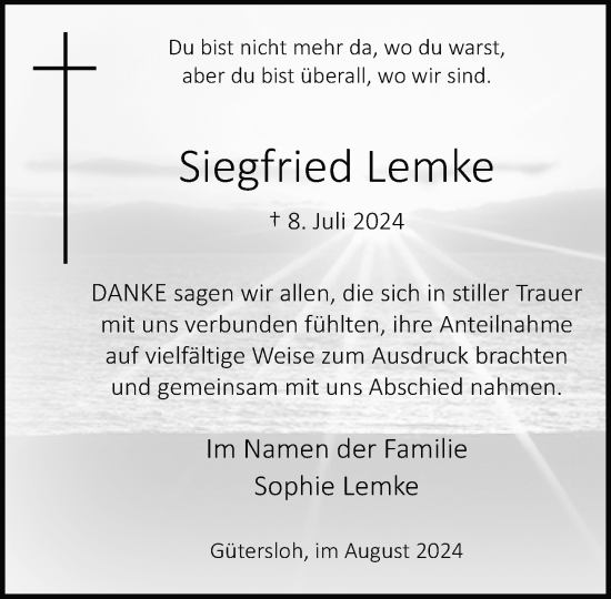 Traueranzeige von Siegfried Lemke von Neue Westfälische