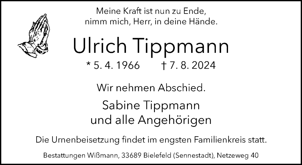  Traueranzeige für Ulrich Tippmann vom 17.08.2024 aus Neue Westfälische