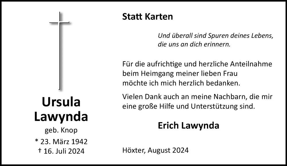  Traueranzeige für Ursula Lawynda vom 03.08.2024 aus Neue Westfälische