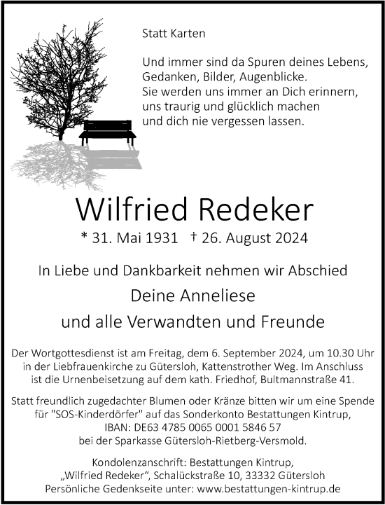 Traueranzeige von Wilfried Redeker von Neue Westfälische