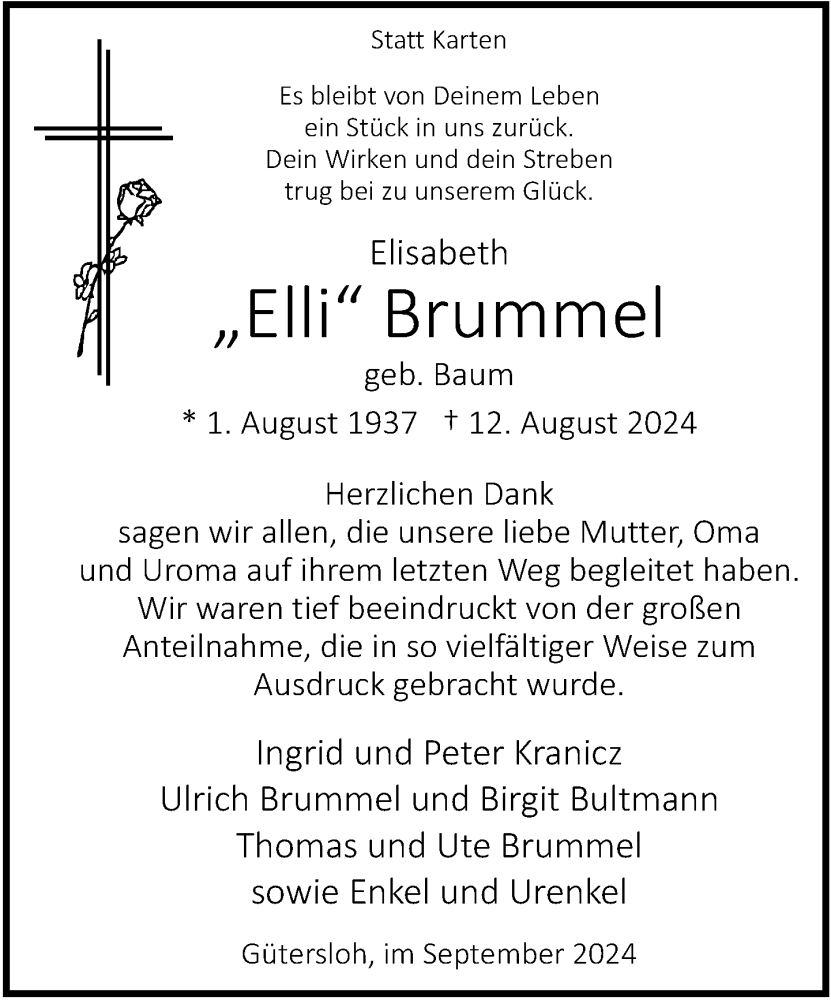  Traueranzeige für Elisabeth Brummel vom 11.09.2024 aus Neue Westfälische