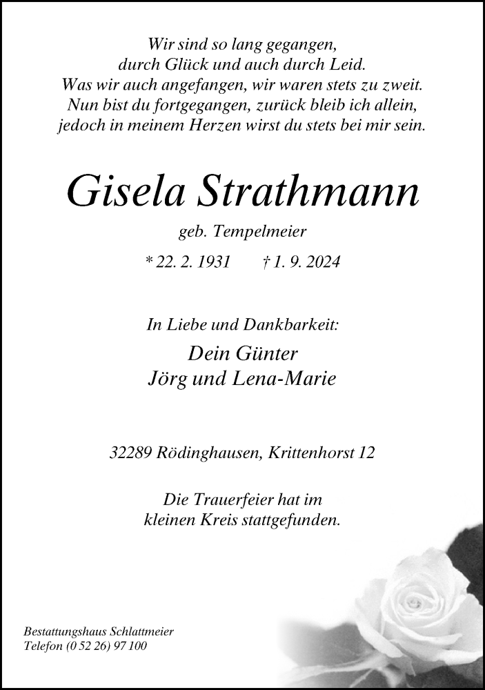  Traueranzeige für Gisela Strathmann vom 16.09.2024 aus Neue Westfälische