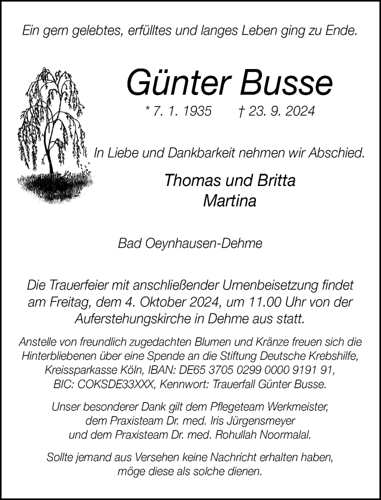  Traueranzeige für Günter Busse vom 28.09.2024 aus Neue Westfälische