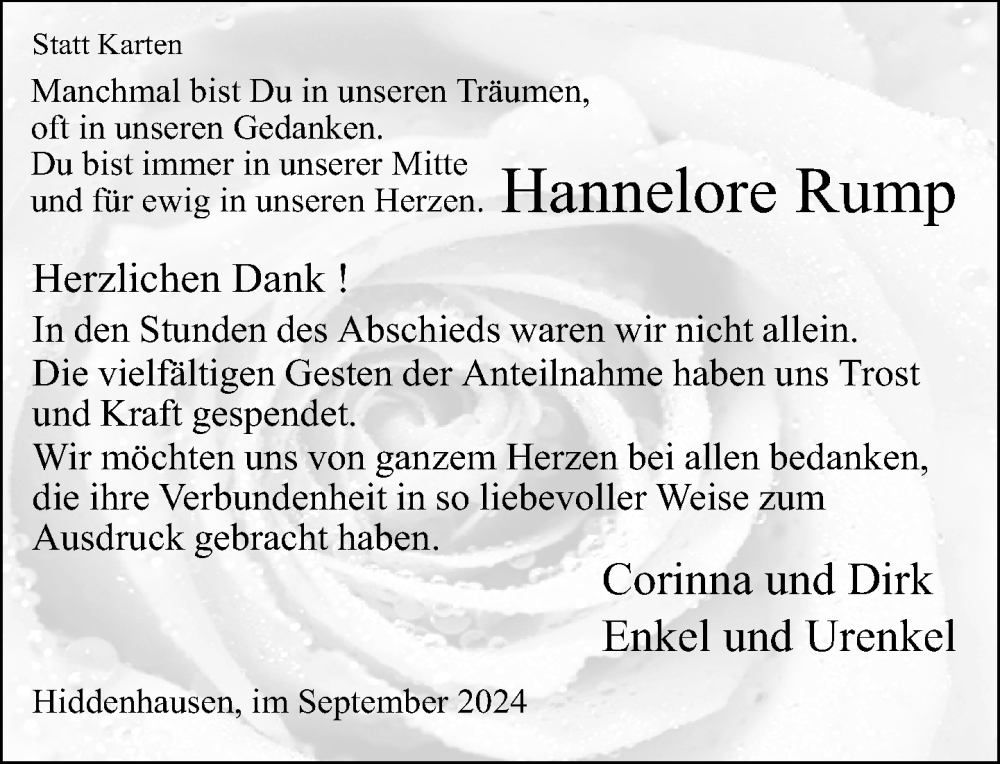  Traueranzeige für Hannelore Rump vom 07.09.2024 aus Neue Westfälische