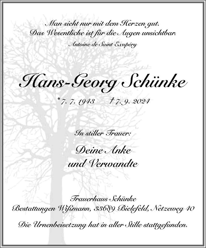  Traueranzeige für Hans-Georg Schünke vom 14.09.2024 aus Neue Westfälische
