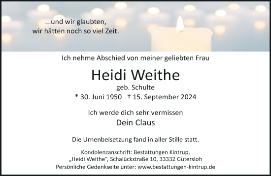 Traueranzeige von Heidi Weithe von Neue Westfälische