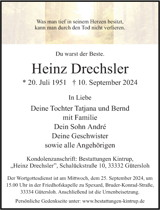 Traueranzeige von Heinz Drechsler von Neue Westfälische
