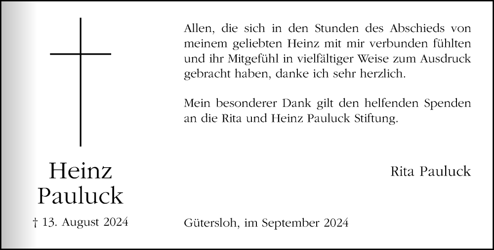  Traueranzeige für Heinz Pauluck vom 07.09.2024 aus Neue Westfälische