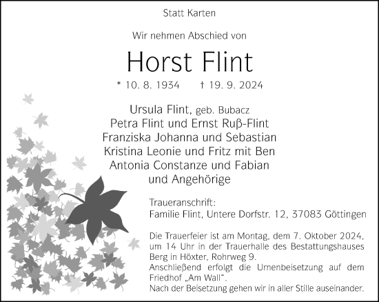 Traueranzeige von Horst Flint von Neue Westfälische