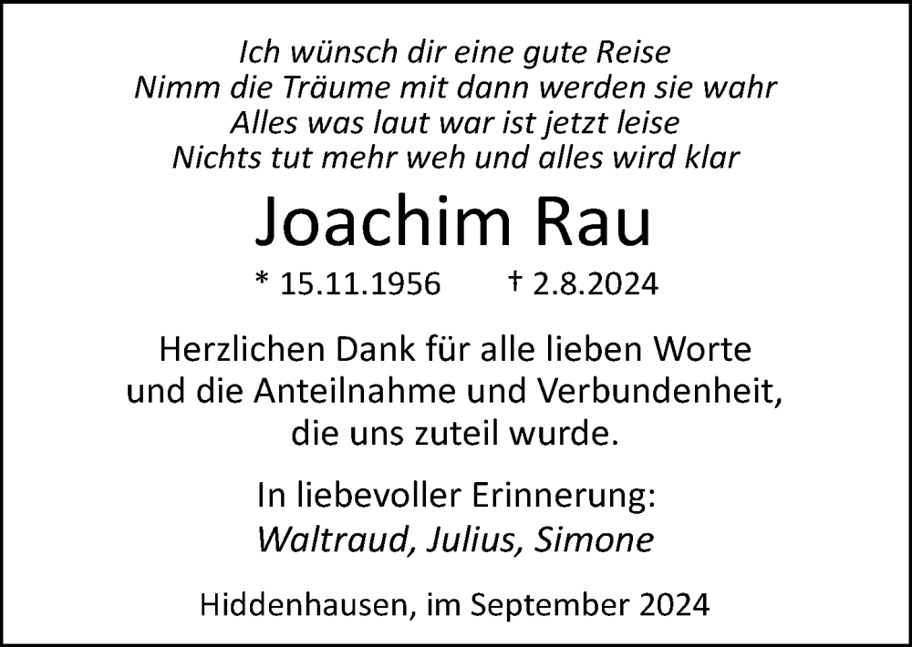  Traueranzeige für Joachim Rau vom 07.09.2024 aus Neue Westfälische