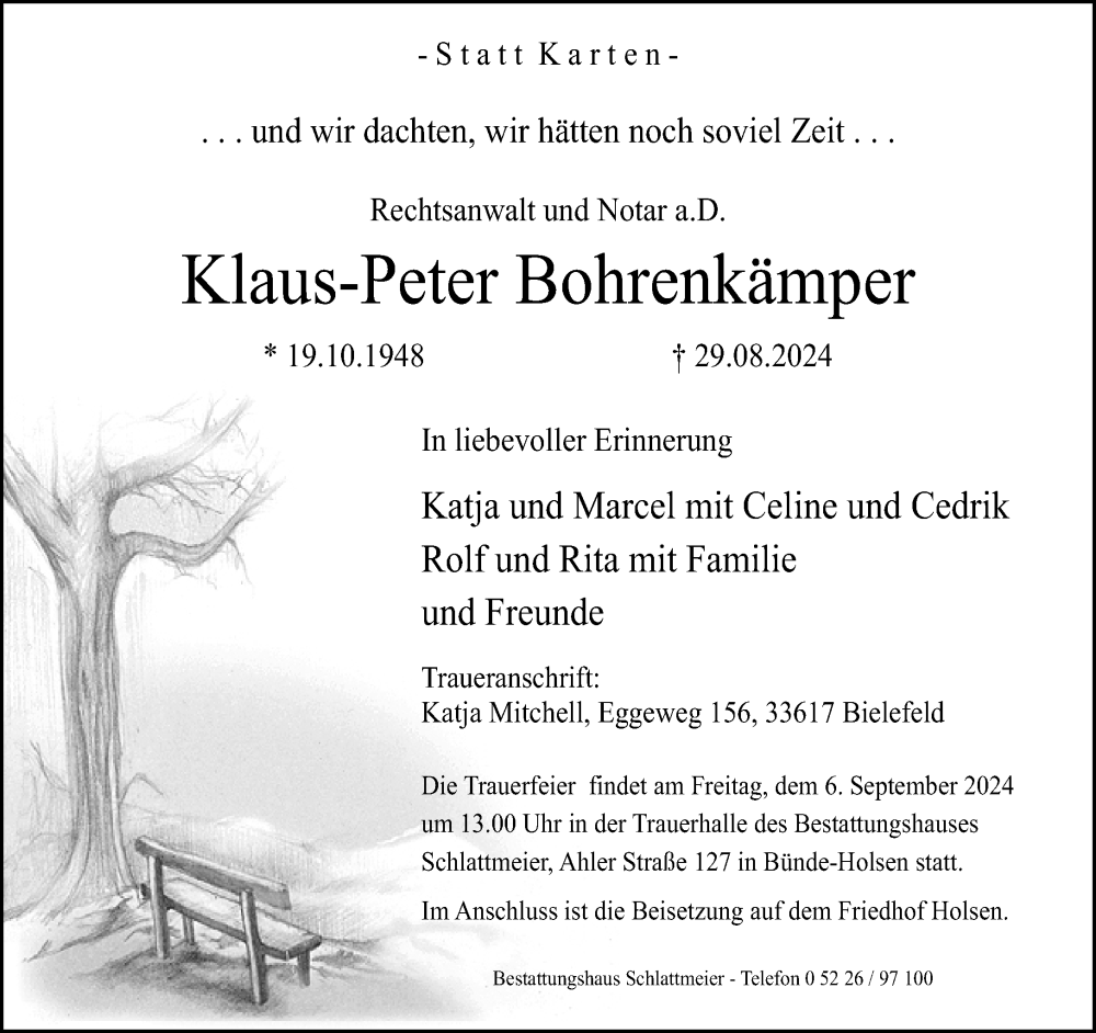  Traueranzeige für Klaus-Peter Bohrenkämper vom 04.09.2024 aus Neue Westfälische