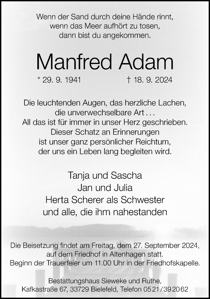 Traueranzeige für Manfred Adam vom 24.09.2024 aus Neue Westfälische