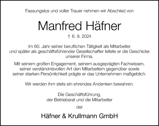 Traueranzeige von Manfred Häfner von Neue Westfälische