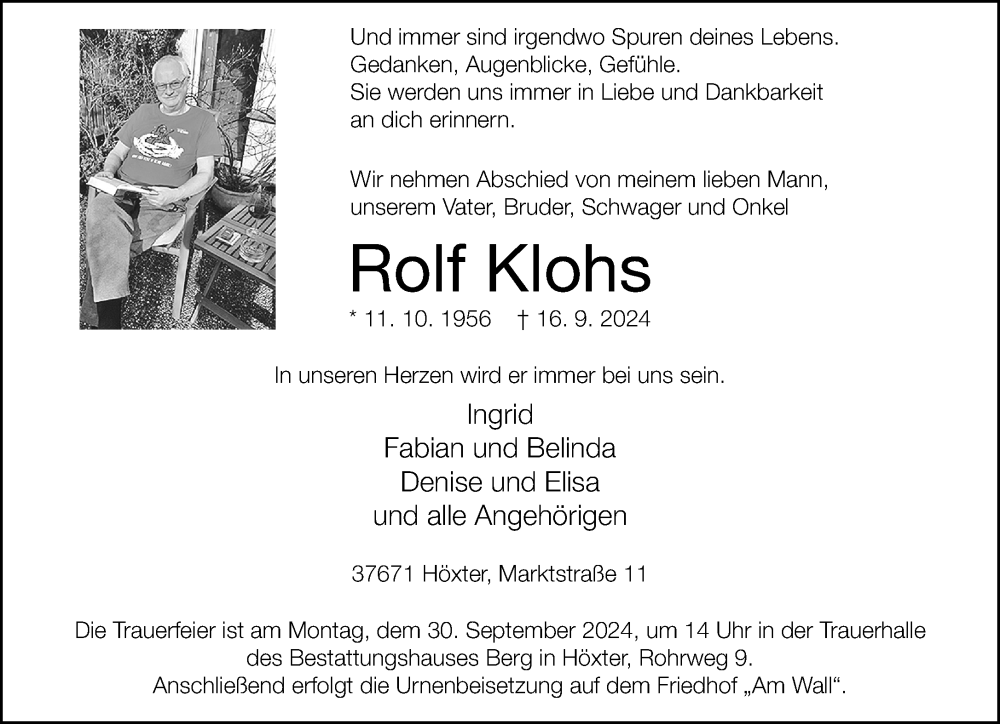  Traueranzeige für Rolf Klohs vom 21.09.2024 aus Neue Westfälische