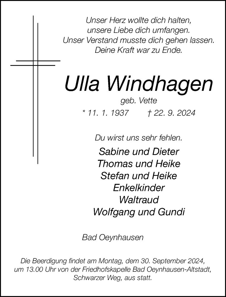  Traueranzeige für Ulla Windhagen vom 28.09.2024 aus Neue Westfälische