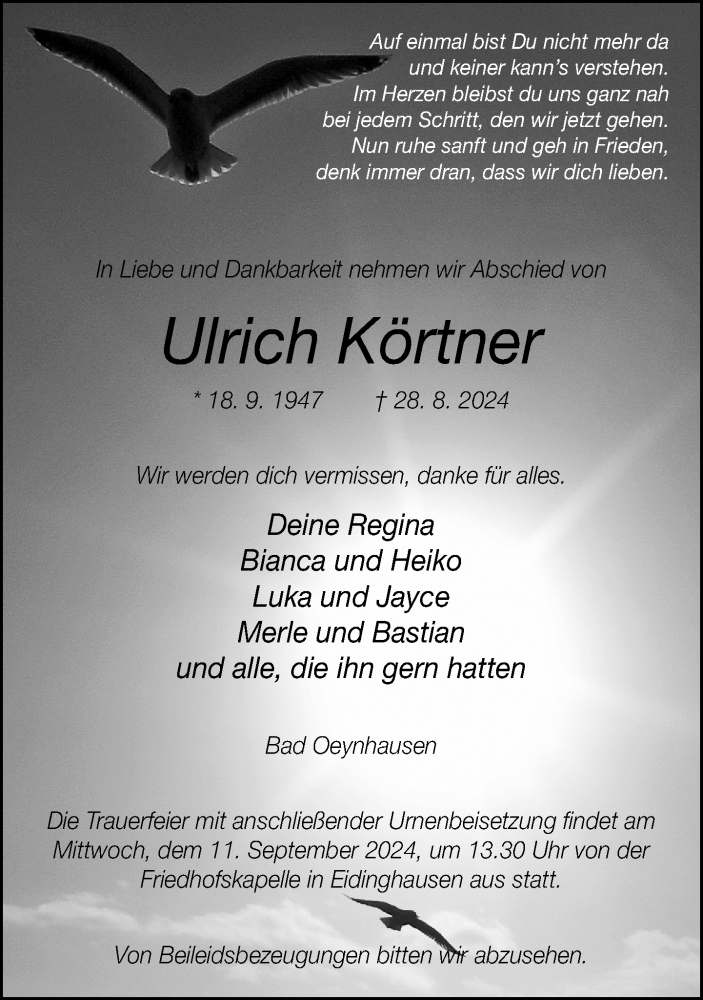  Traueranzeige für Ulrich Körtner vom 07.09.2024 aus Neue Westfälische