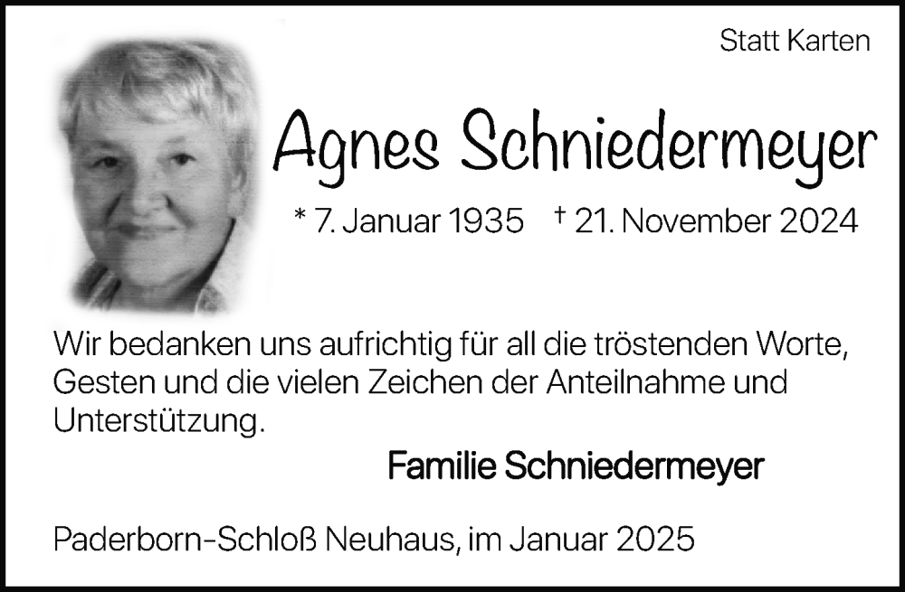  Traueranzeige für Agnes Schniedermeyer vom 11.01.2025 aus Neue Westfälische