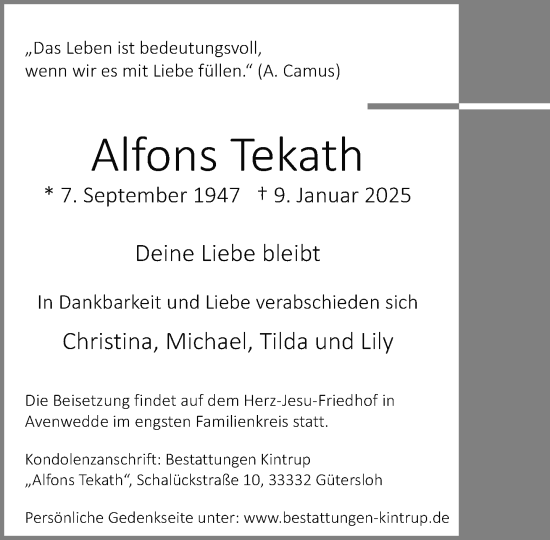 Traueranzeige von Alfons Tekath von Neue Westfälische und Westfalen-Blatt