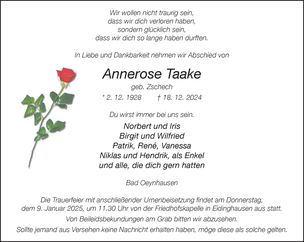  Traueranzeige für Annerose Taake vom 04.01.2025 aus Neue Westfälische