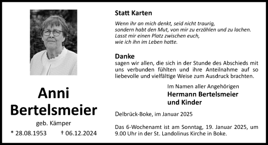 Traueranzeige von Anni Bertelsmeier von Neue Westfälische