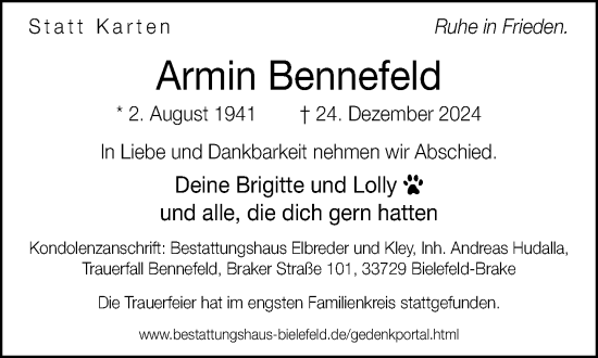 Traueranzeige von Armin Bennefeld von Neue Westfälische