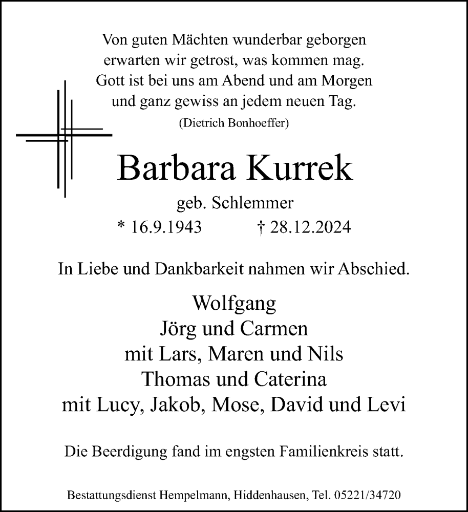  Traueranzeige für Barbara Kurrek vom 11.01.2025 aus Neue Westfälische