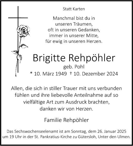 Traueranzeige von Brigitte Rehpöhler von Neue Westfälische und Westfalen-Blatt