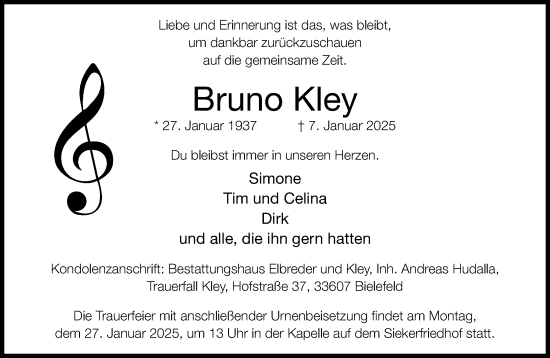 Traueranzeige von Bruno Kley von Neue Westfälische und Westfalen-Blatt