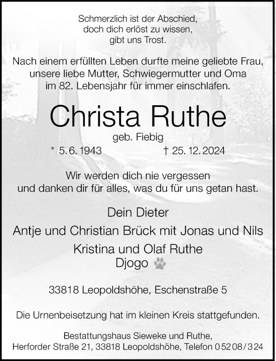 Traueranzeige von Christa Ruthe von Neue Westfälische