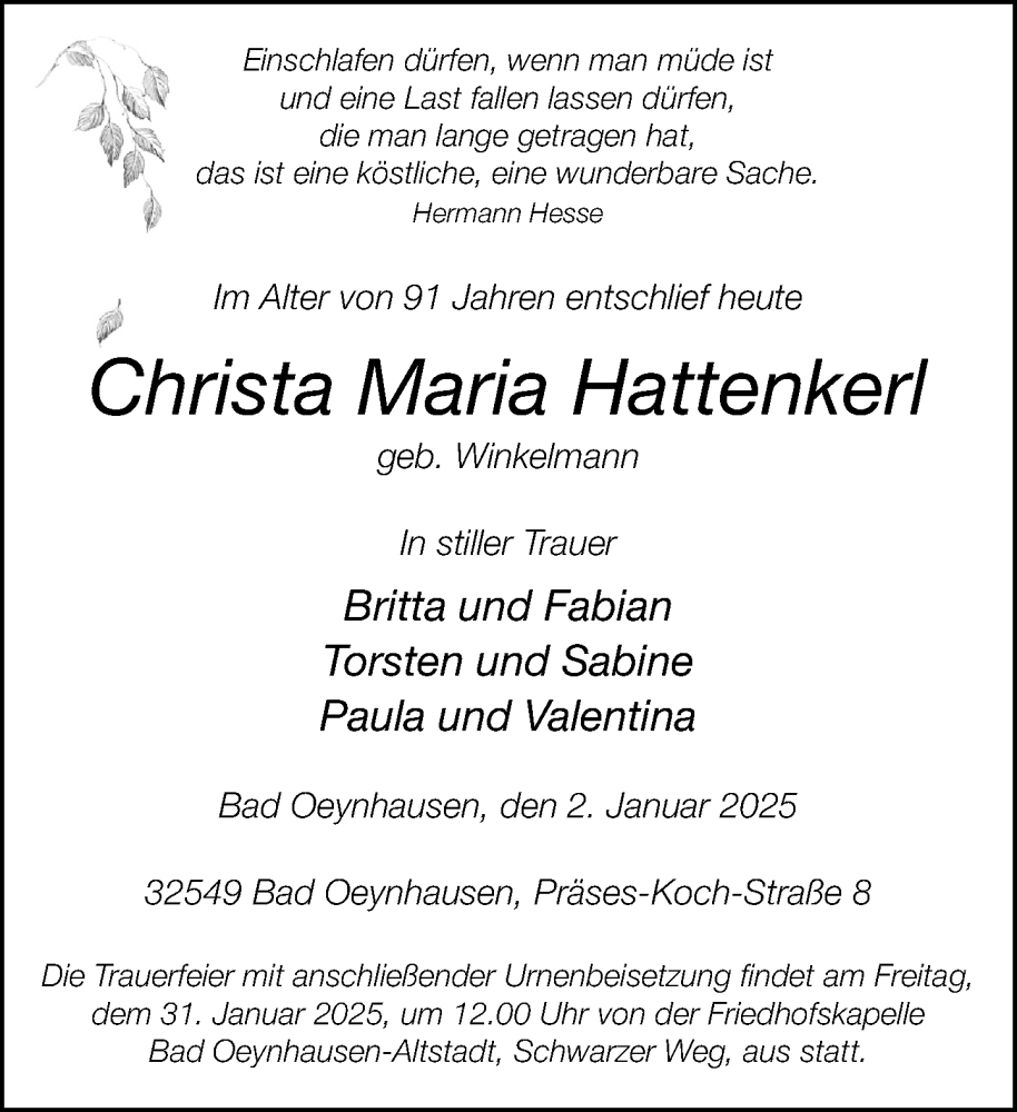  Traueranzeige für Christa Maria Hattenkerl vom 18.01.2025 aus Neue Westfälische und Westfalen-Blatt