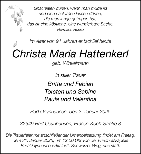 Traueranzeige von Christa Maria Hattenkerl von Neue Westfälische und Westfalen-Blatt