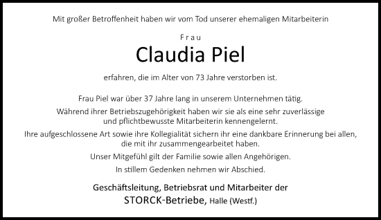 Traueranzeige von Claudia Piel von Neue Westfälische